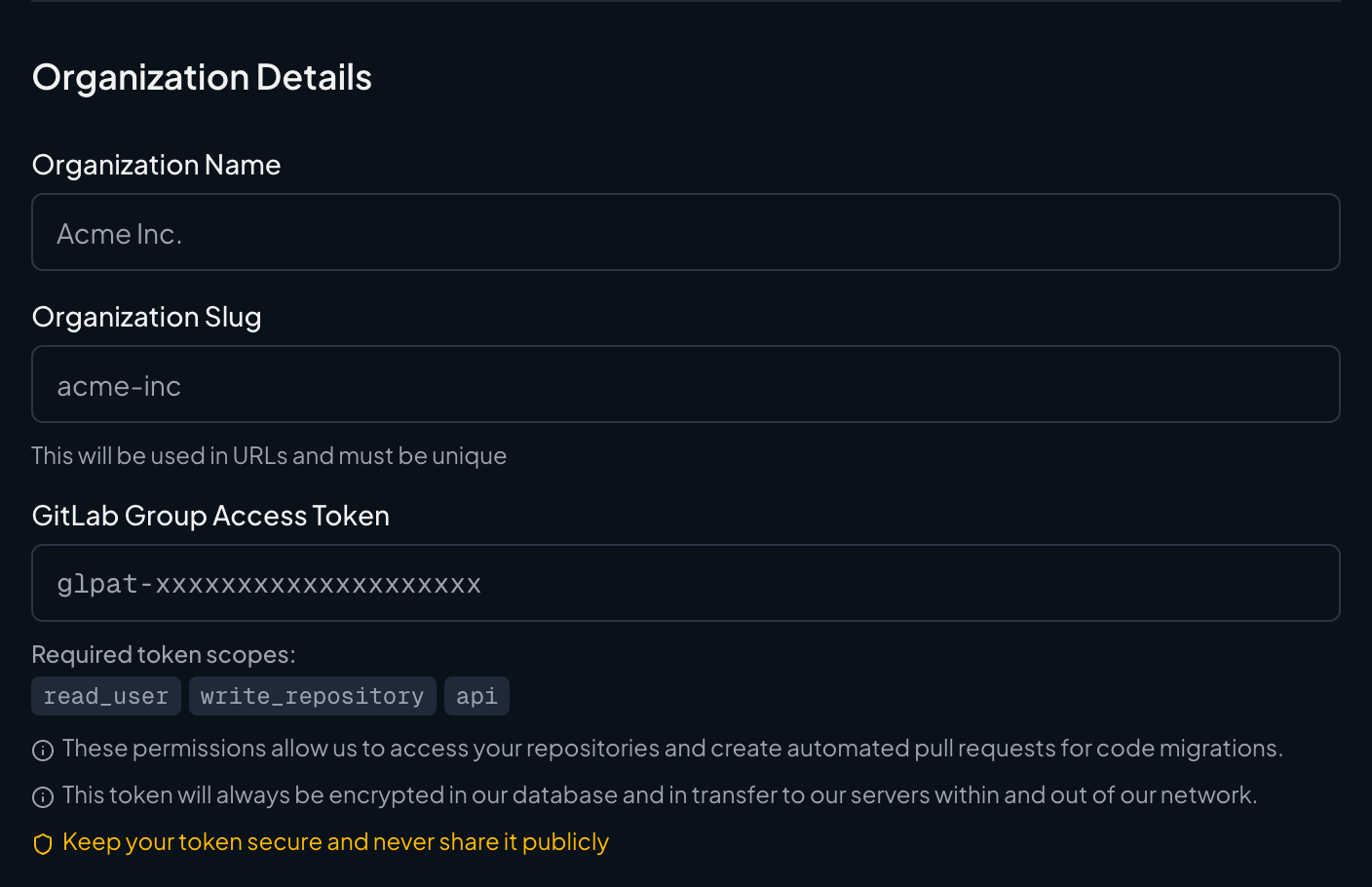 Screenshot of Codemod organization creation form with GitLab fields Screenshot of Codemod organization creation form with GitLab fields
