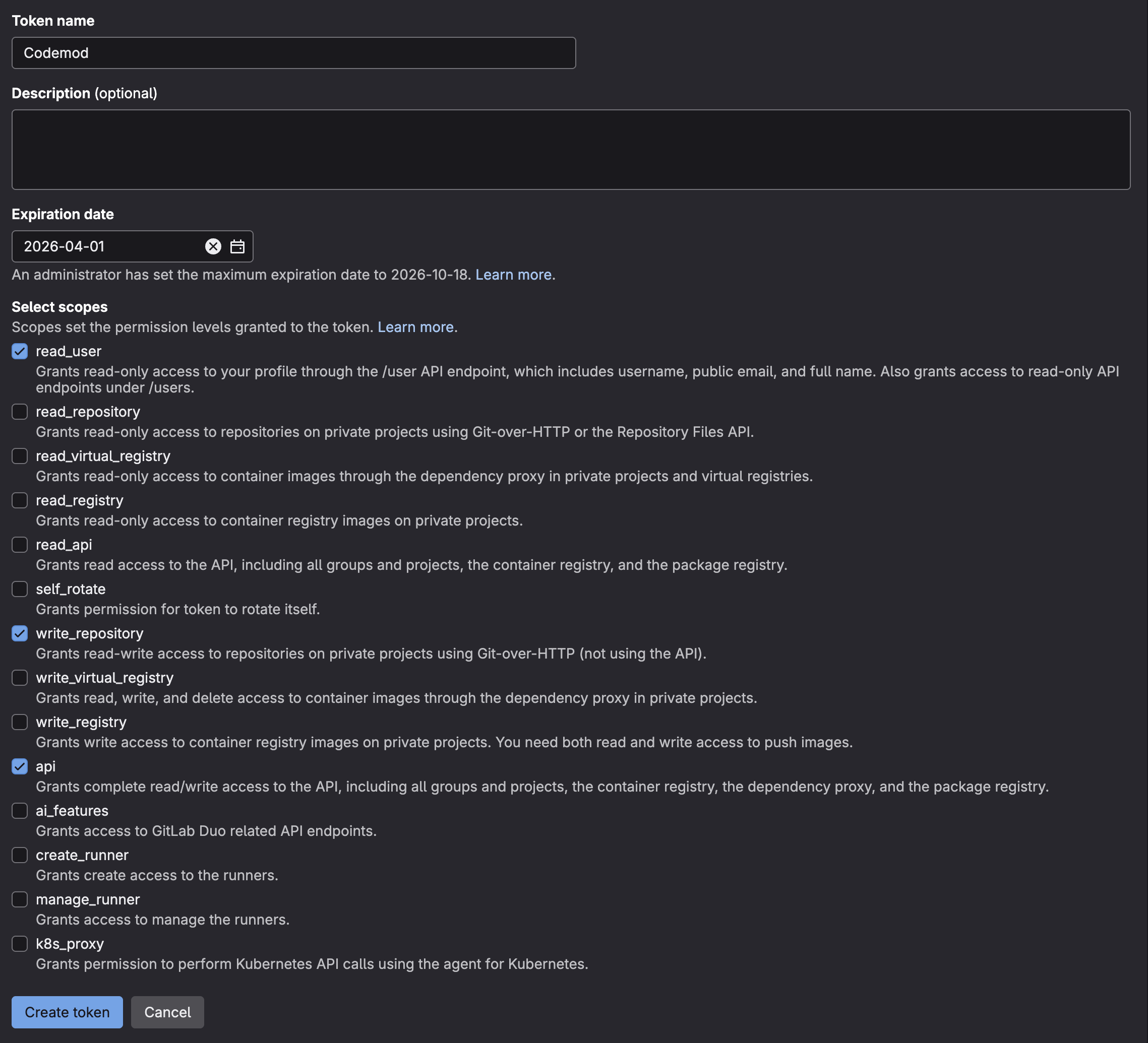 Screenshot of the create token page in GitLab with the required scopes selected Screenshot of the create token page in GitLab with the required scopes selected