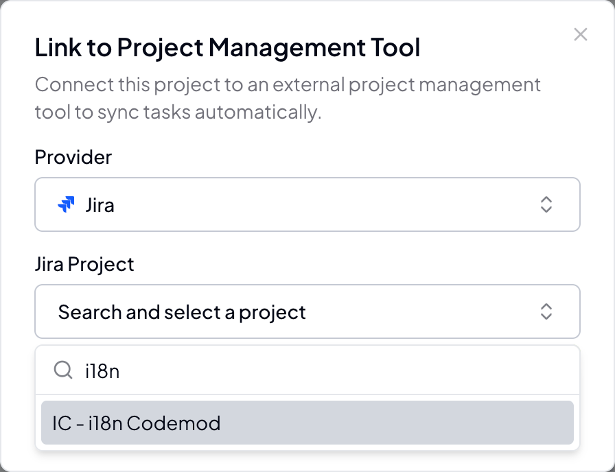 Screenshot of project linking modal with Jira project selection Screenshot of project linking modal with Jira project selection