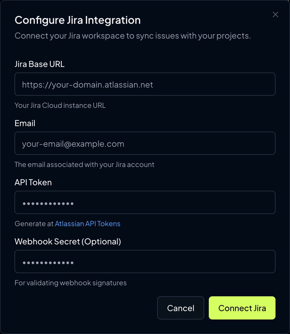 Screenshot of Jira integration configuration form Screenshot of Jira integration configuration form
