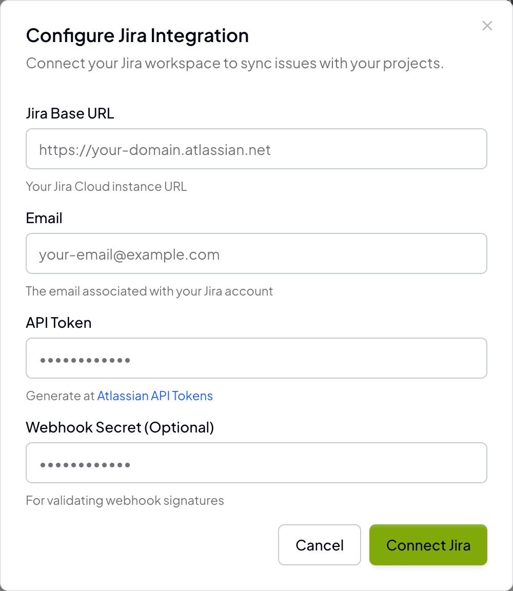 Screenshot of Jira integration configuration form Screenshot of Jira integration configuration form
