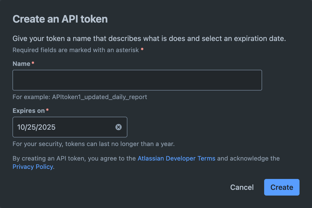 Screenshot of Atlassian API token creation page Screenshot of Atlassian API token creation page