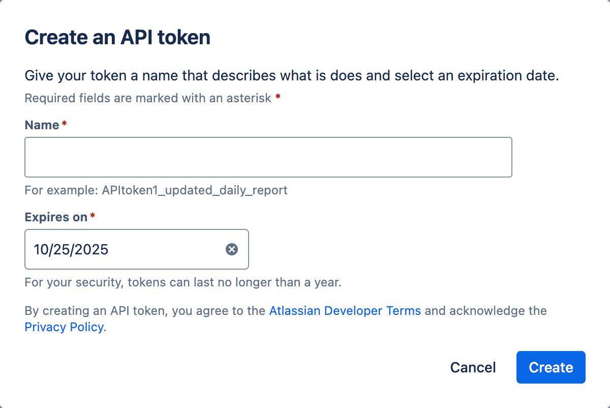 Screenshot of Atlassian API token creation page Screenshot of Atlassian API token creation page