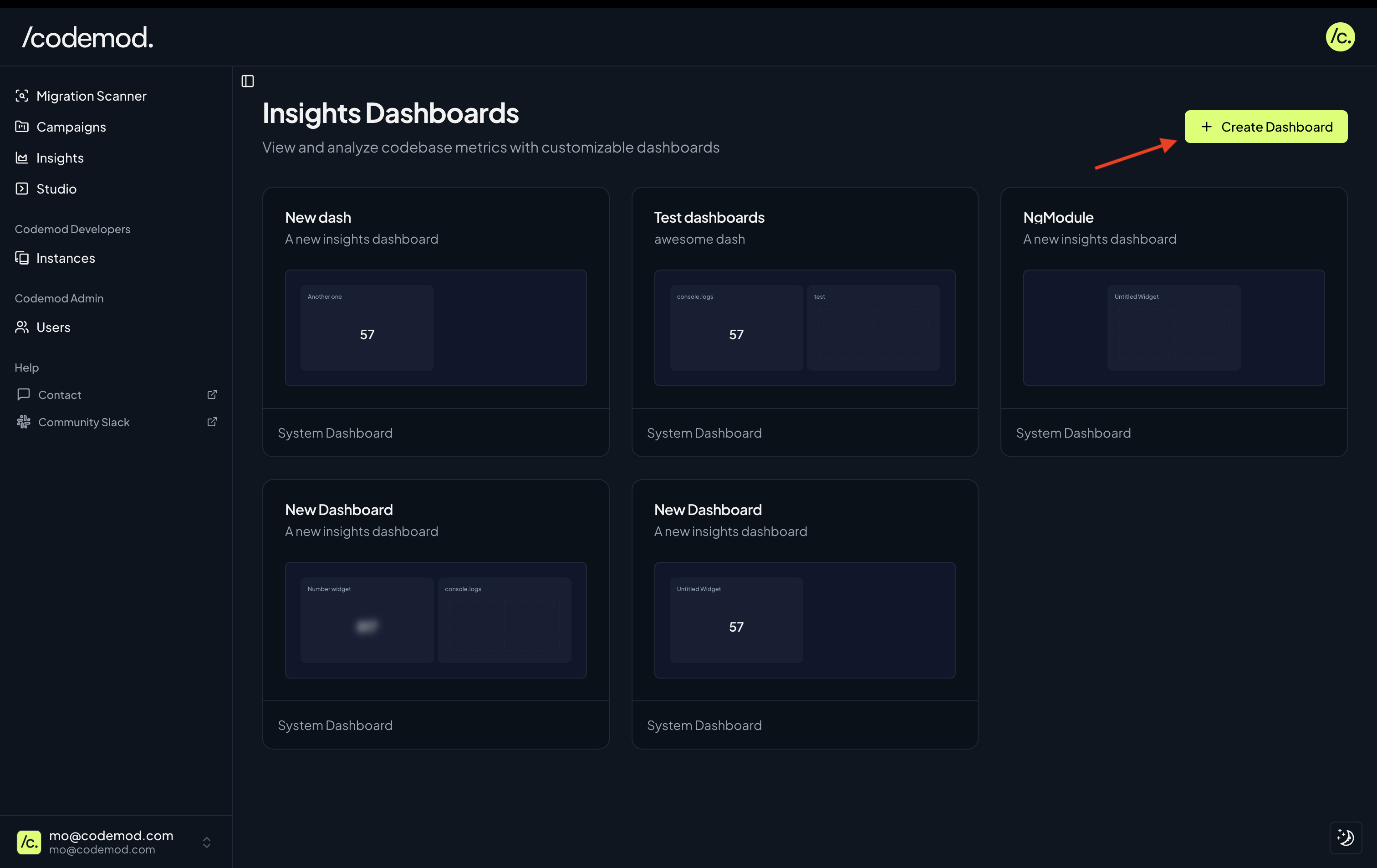 Creating a new dashboard