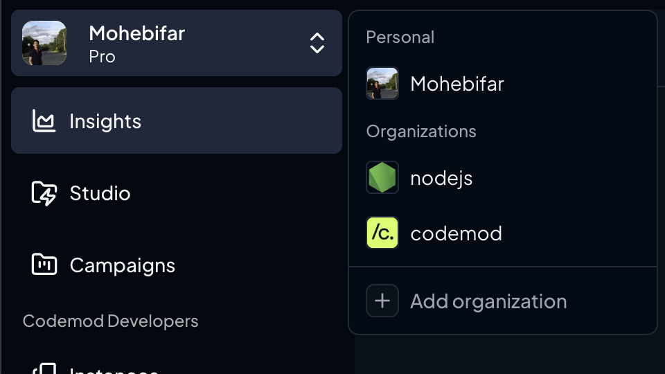 Screenshot of how you can add organization in Codemod platform Screenshot of how you can add organization in Codemod platform
