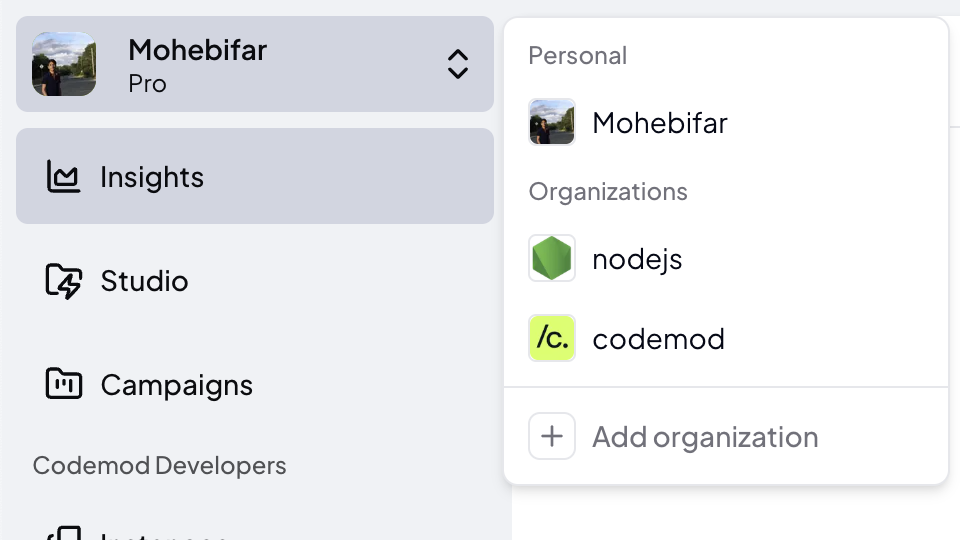 Screenshot of how you can add organization in Codemod platform Screenshot of how you can add organization in Codemod platform
