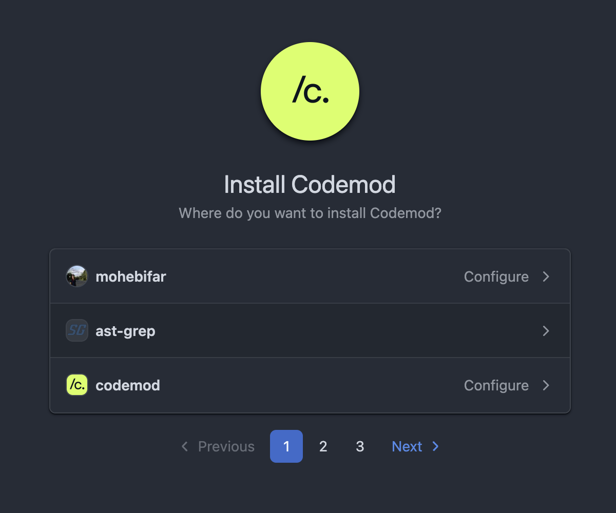 Screenshot of how you connect Github in Codemod platform Screenshot of how you connect Github in Codemod platform