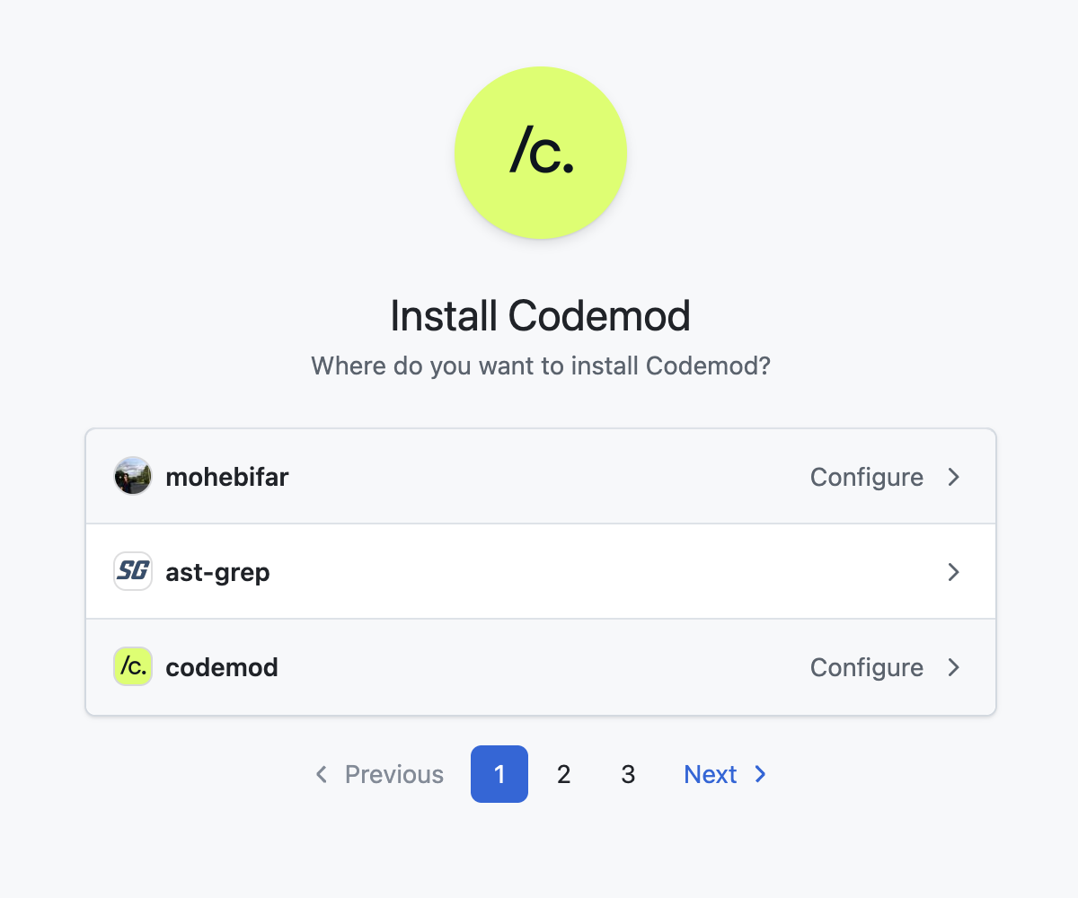 Screenshot of how you connect Github in Codemod platform Screenshot of how you connect Github in Codemod platform