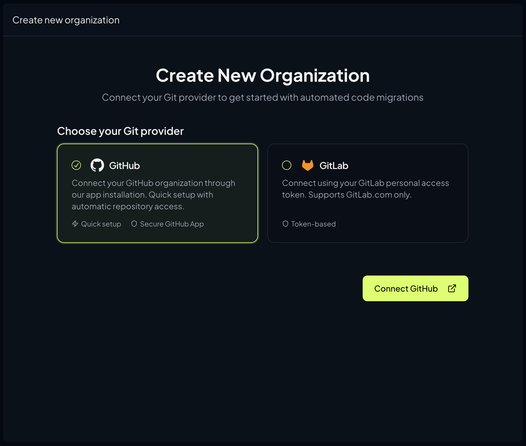 Screenshot of how you connect Github in Codemod platform Screenshot of how you connect Github in Codemod platform