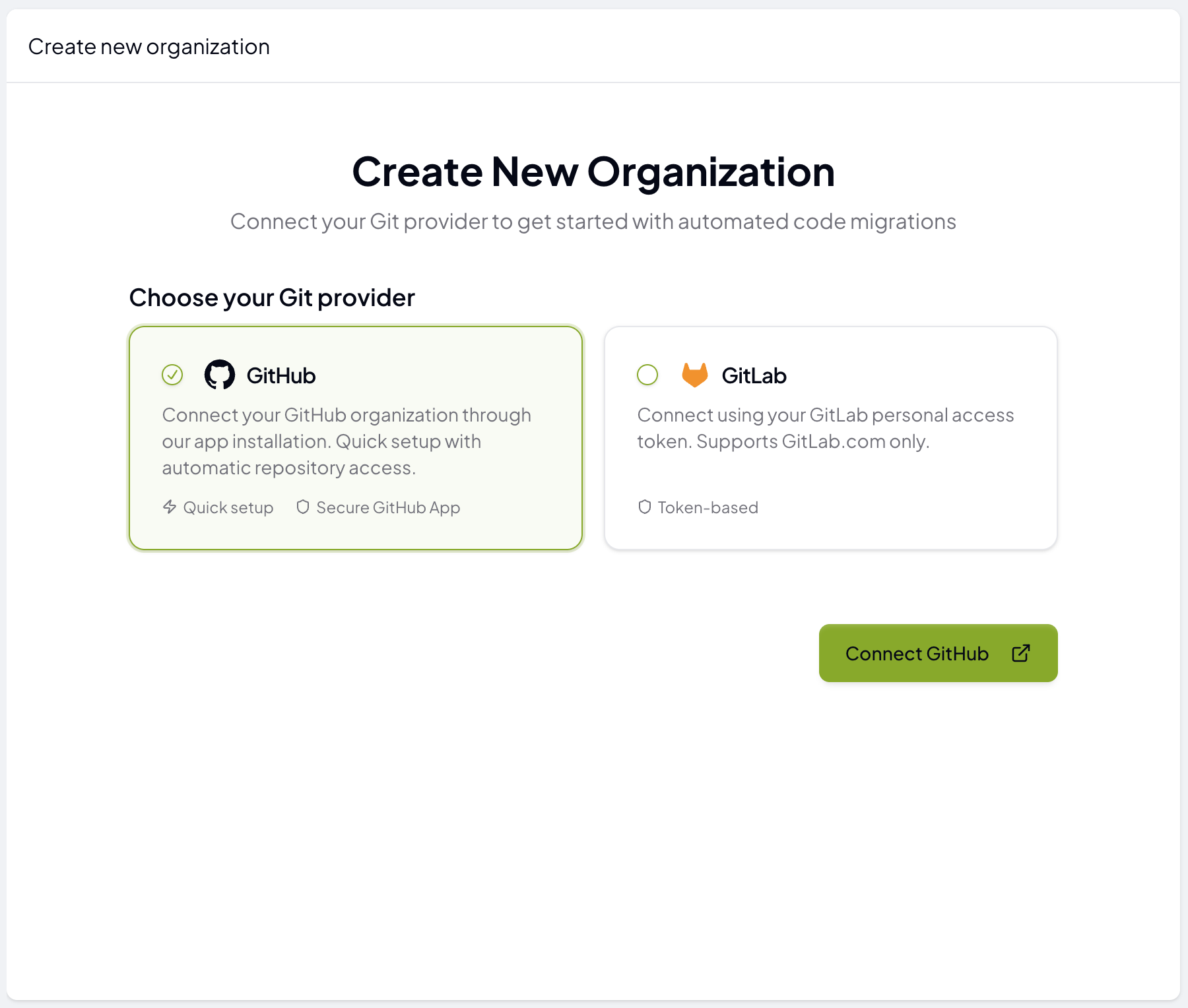 Screenshot of how you connect Github in Codemod platform Screenshot of how you connect Github in Codemod platform