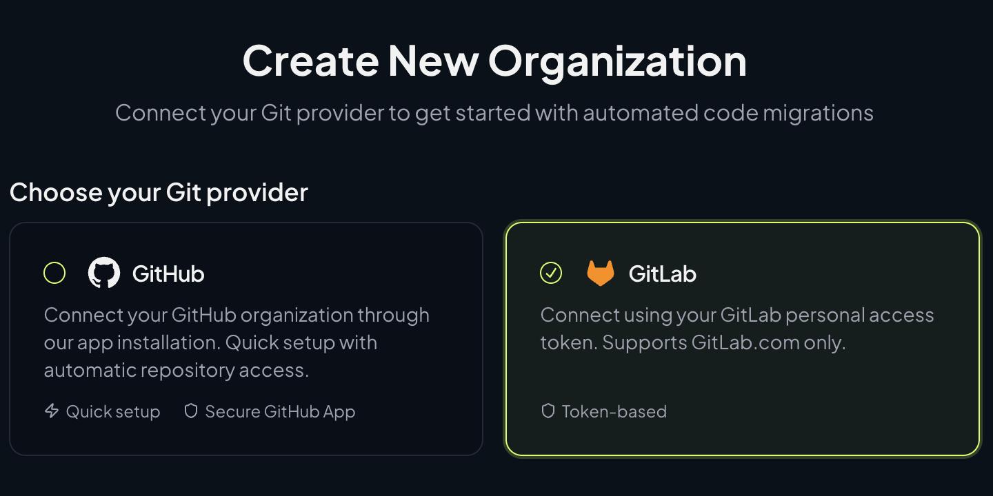 Screenshot of the create organization page in Codemod platform with GitLab option selected Screenshot of the create organization page in Codemod platform with GitLab option selected