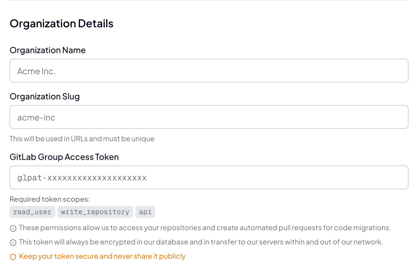 Screenshot of Codemod organization creation form with GitLab fields Screenshot of Codemod organization creation form with GitLab fields