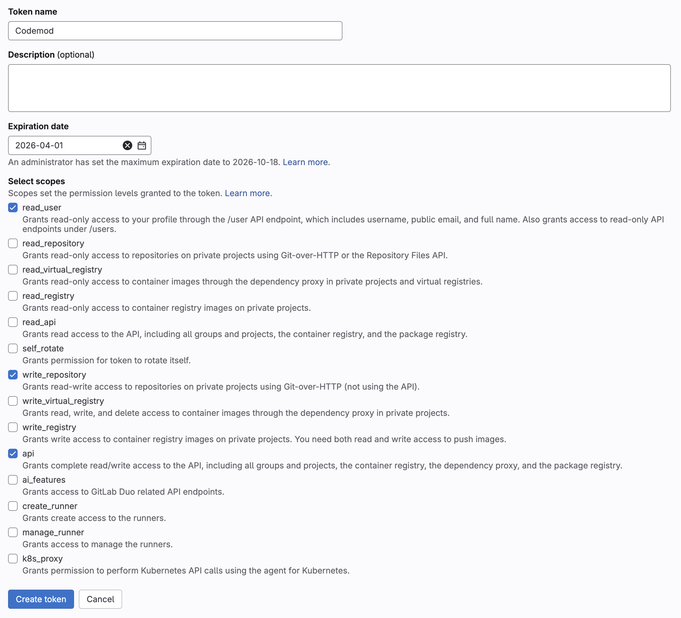Screenshot of the create token page in GitLab with the required scopes selected Screenshot of the create token page in GitLab with the required scopes selected