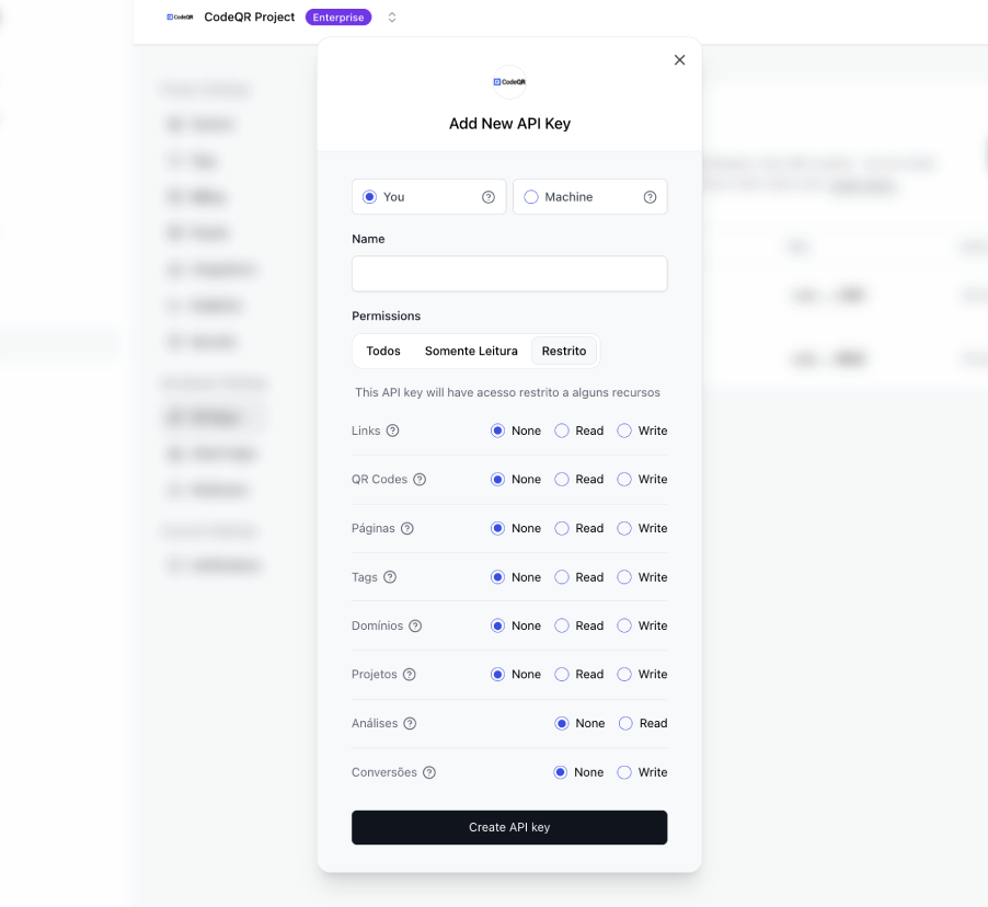 Add new API key on CodeQR