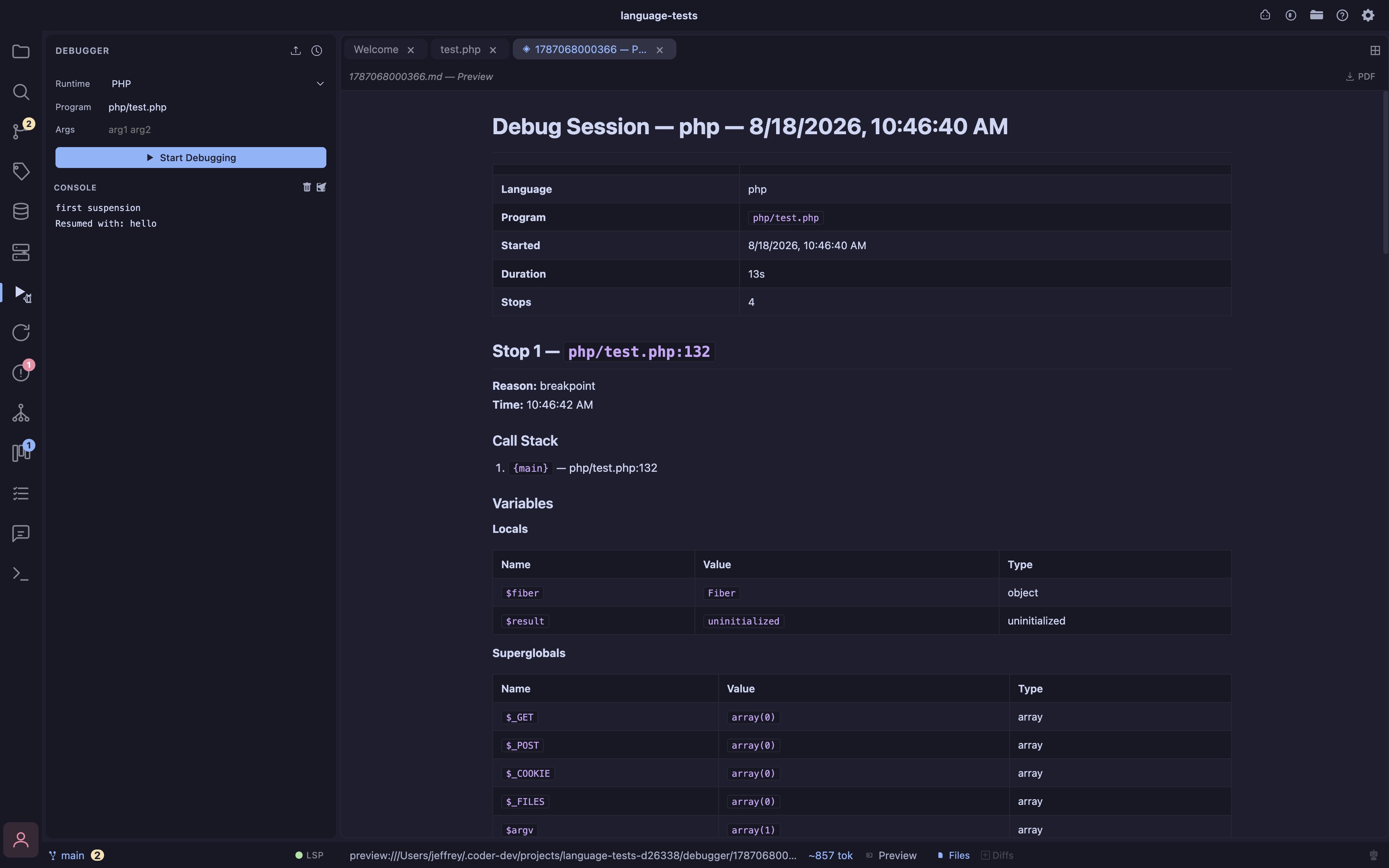 Debugger report