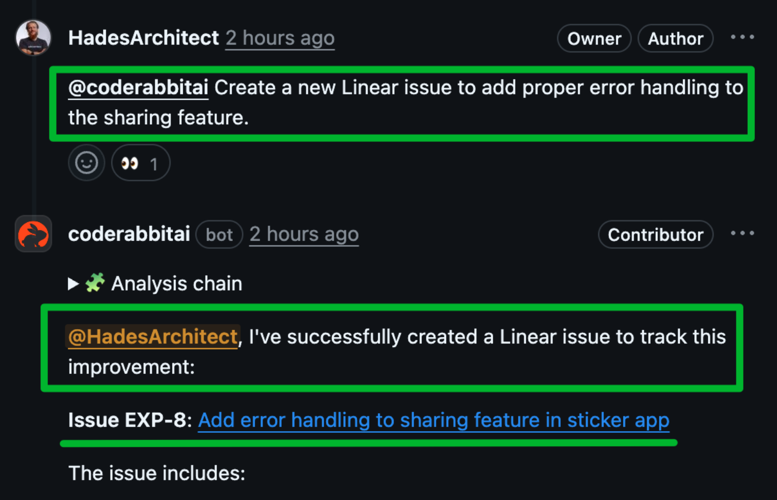 Creating an issue through CodeRabbit's agentic chat interface