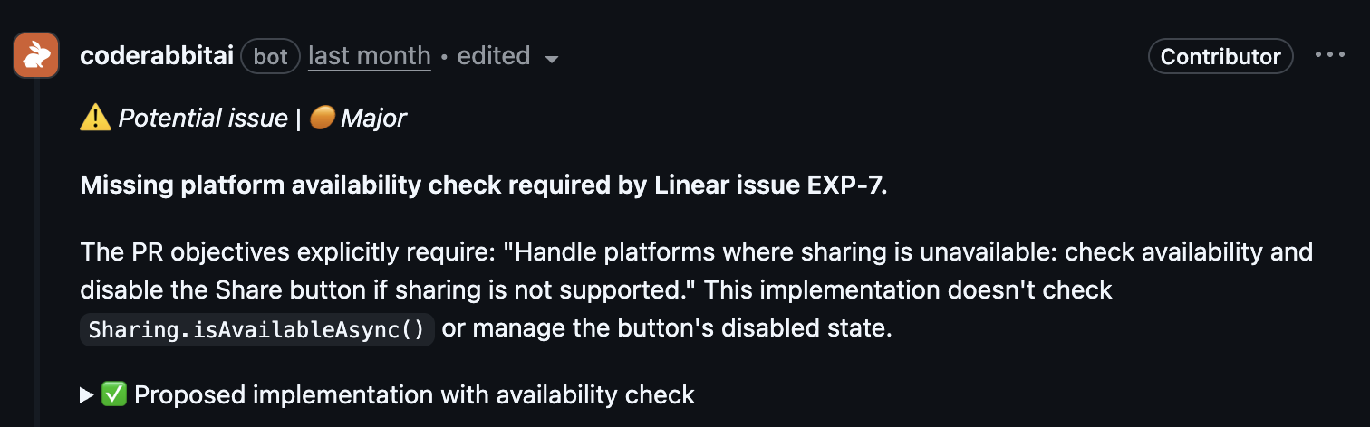 CodeRabbit review comment showing a potential issue where a linked issue requirement was not addressed