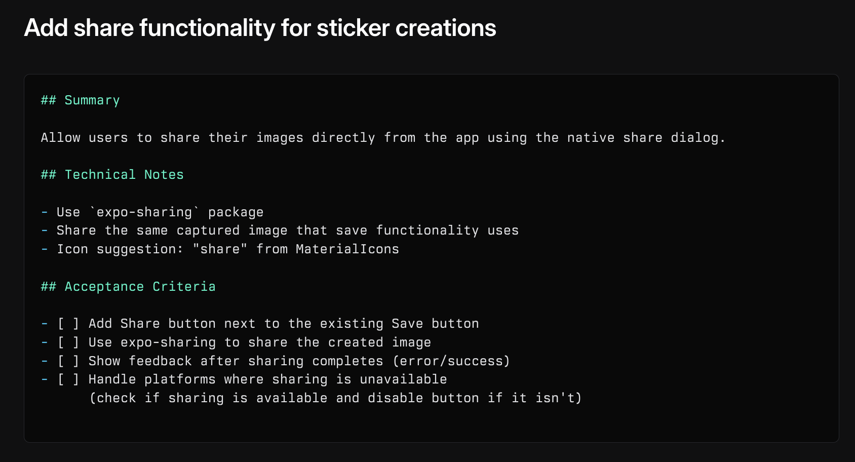 Example of a linked Linear issue with summary, technical notes, and acceptance criteria