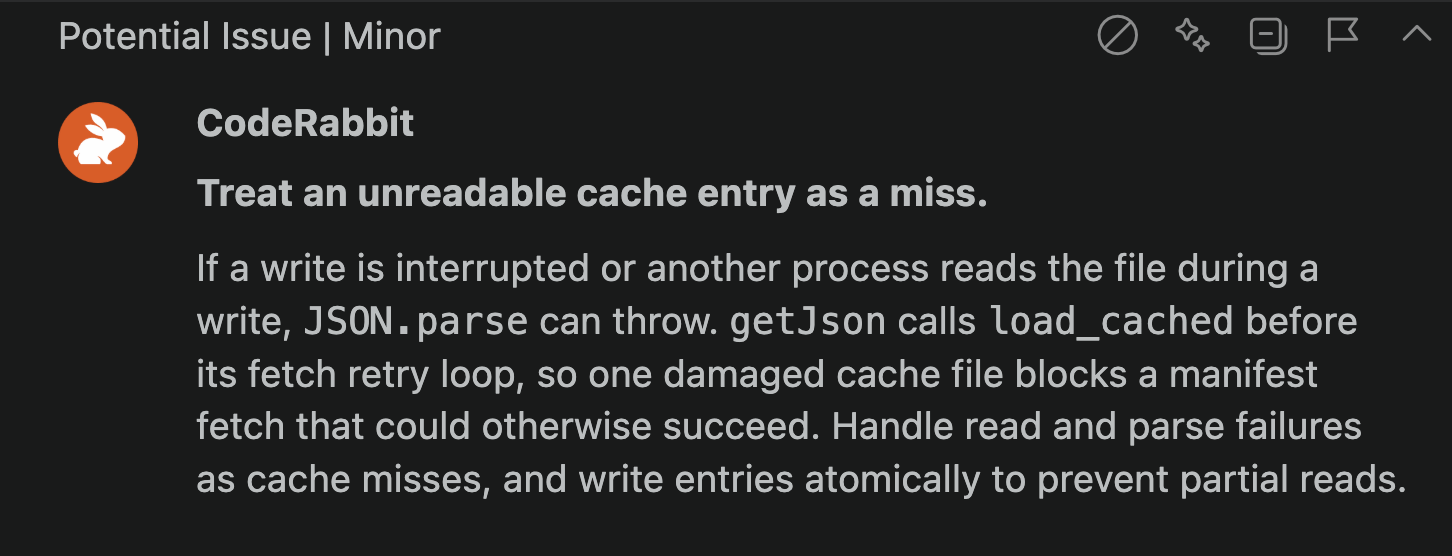 CodeRabbit comment thread labeled Potential Issue | Minor, with Ignore (circle with a slash), Fix with AI (sparkle), Collapse all, and Provide feedback (flag) icons and the editor collapse arrow in its title bar, above the finding title and explanation