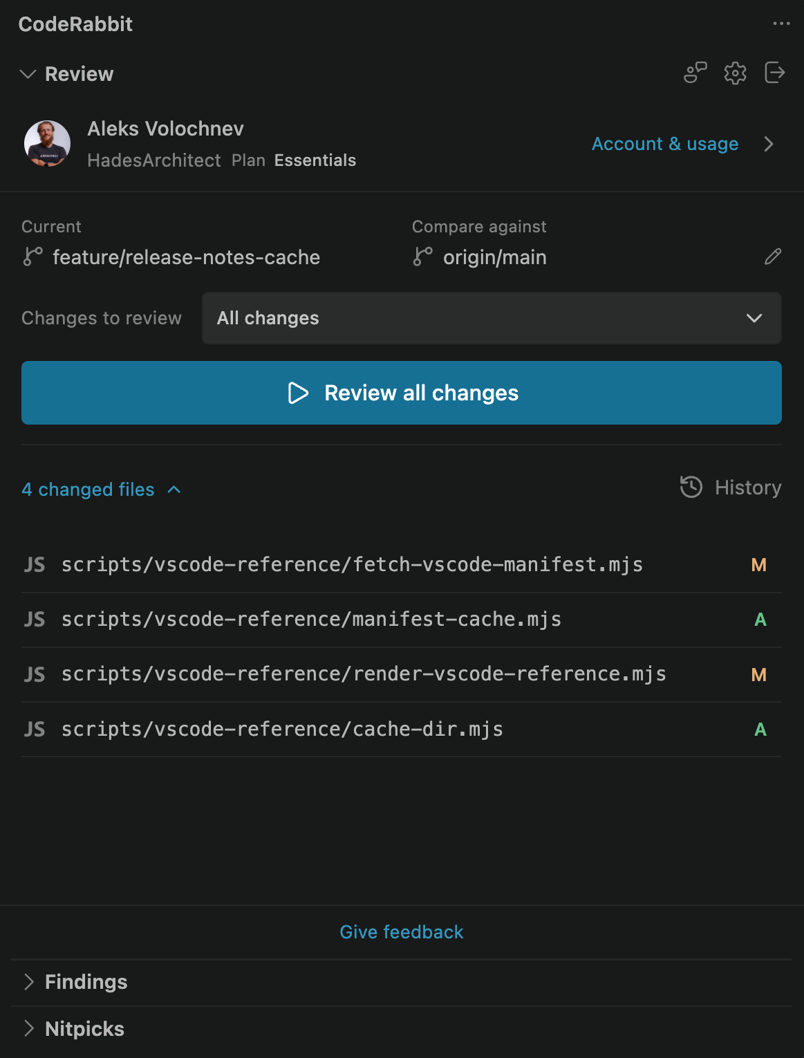 CodeRabbit Review view showing the current branch, Compare against set to origin/main, Changes to review set to All changes, the Review all changes button, four changed files with Git status letters, and History