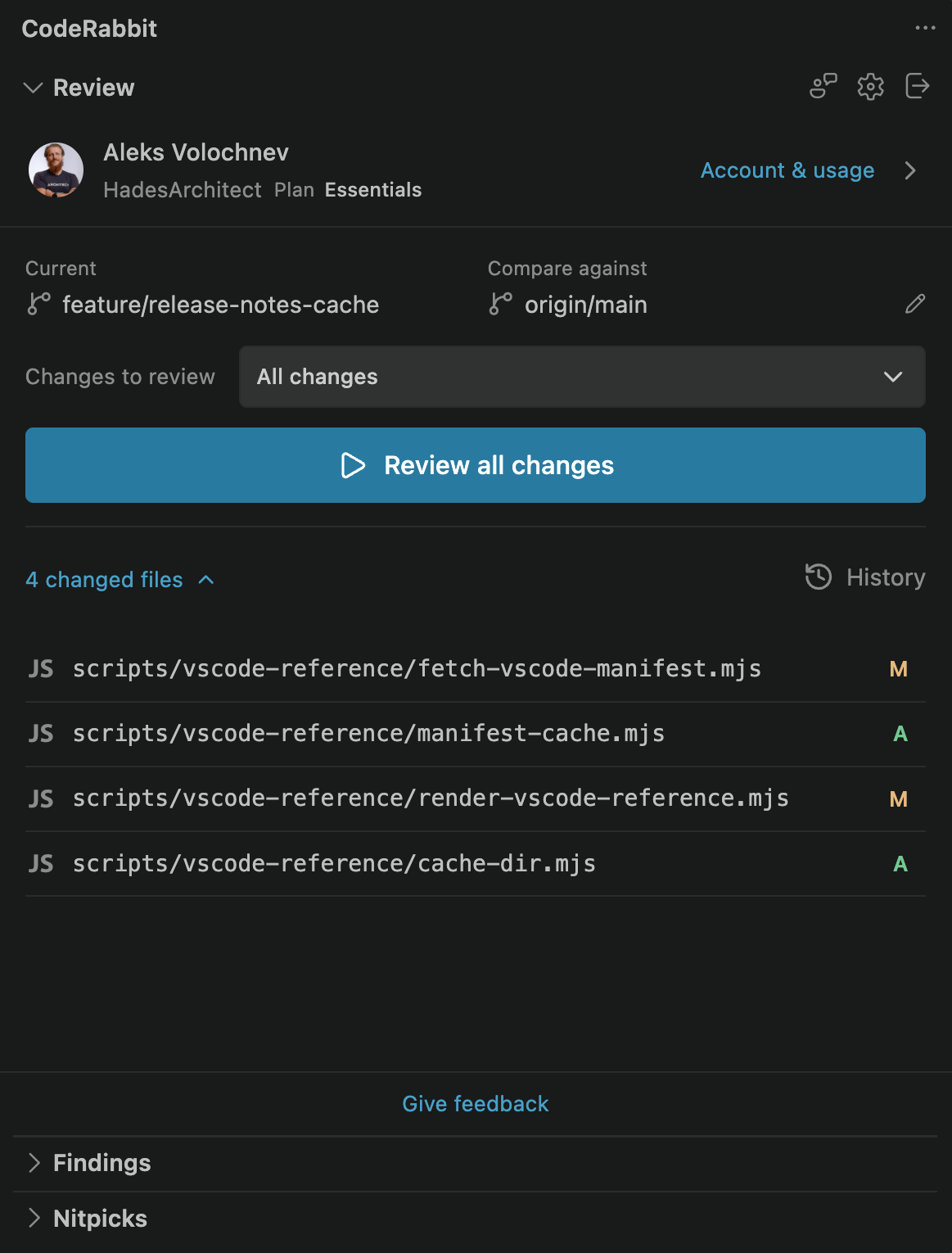 CodeRabbit Review view showing the current branch, Compare against set to origin/main, Changes to review set to All changes, the Review all changes button, four changed files with Git status letters, and History