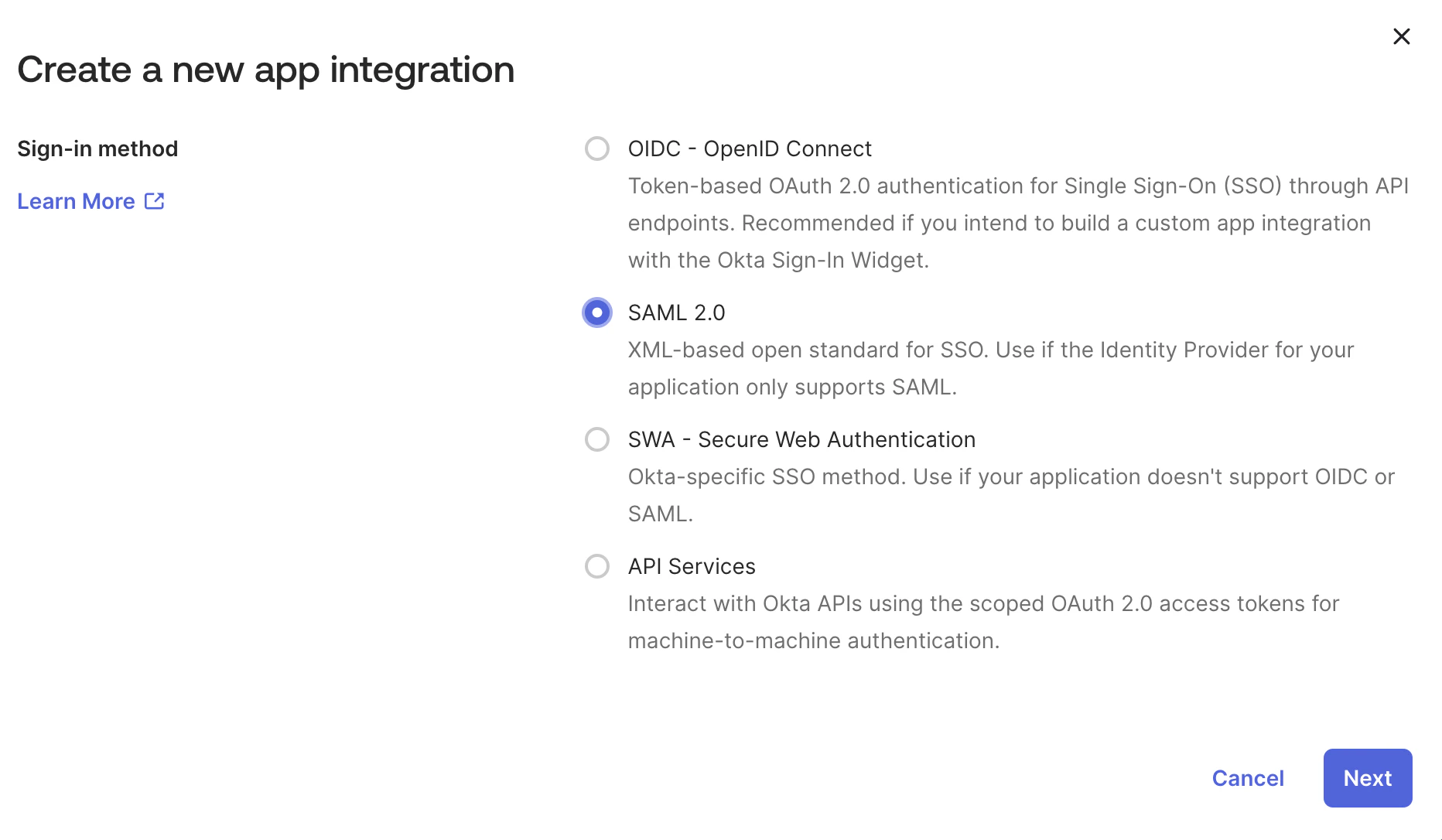 Okta Create a new app integration dialog with SAML 2.0 selected