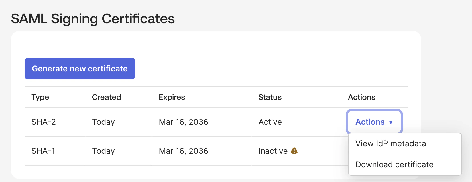 Okta SAML Signing Certificates section with the Actions menu open for the active certificate
