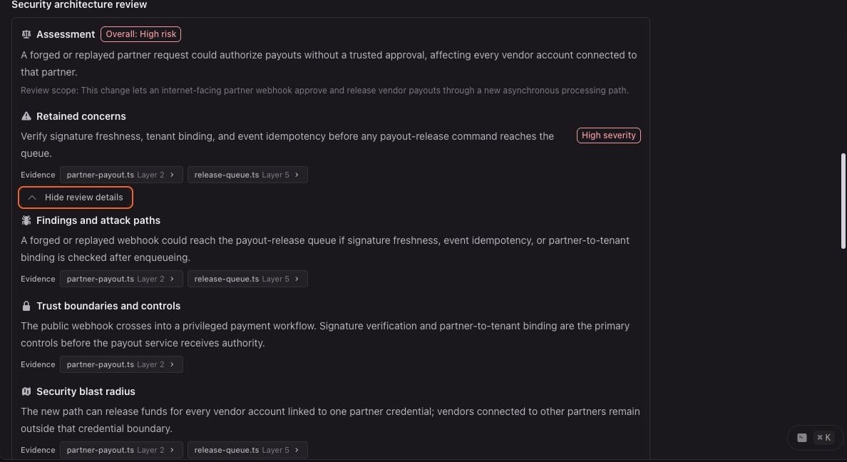 Change Stack Overview showing a high-risk Security Architecture Review for a partner payout webhook, a high-severity retained concern, and linked evidence for the attack path, trust boundary, and blast radius