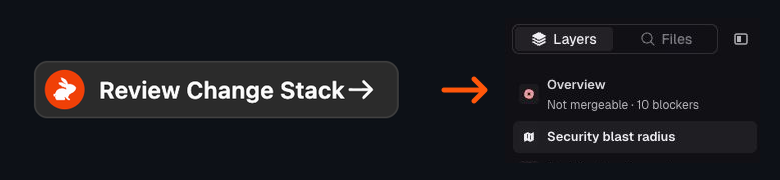 Review Change Stack button leading to the selected Security Blast Radius entry in the Change Stack rail