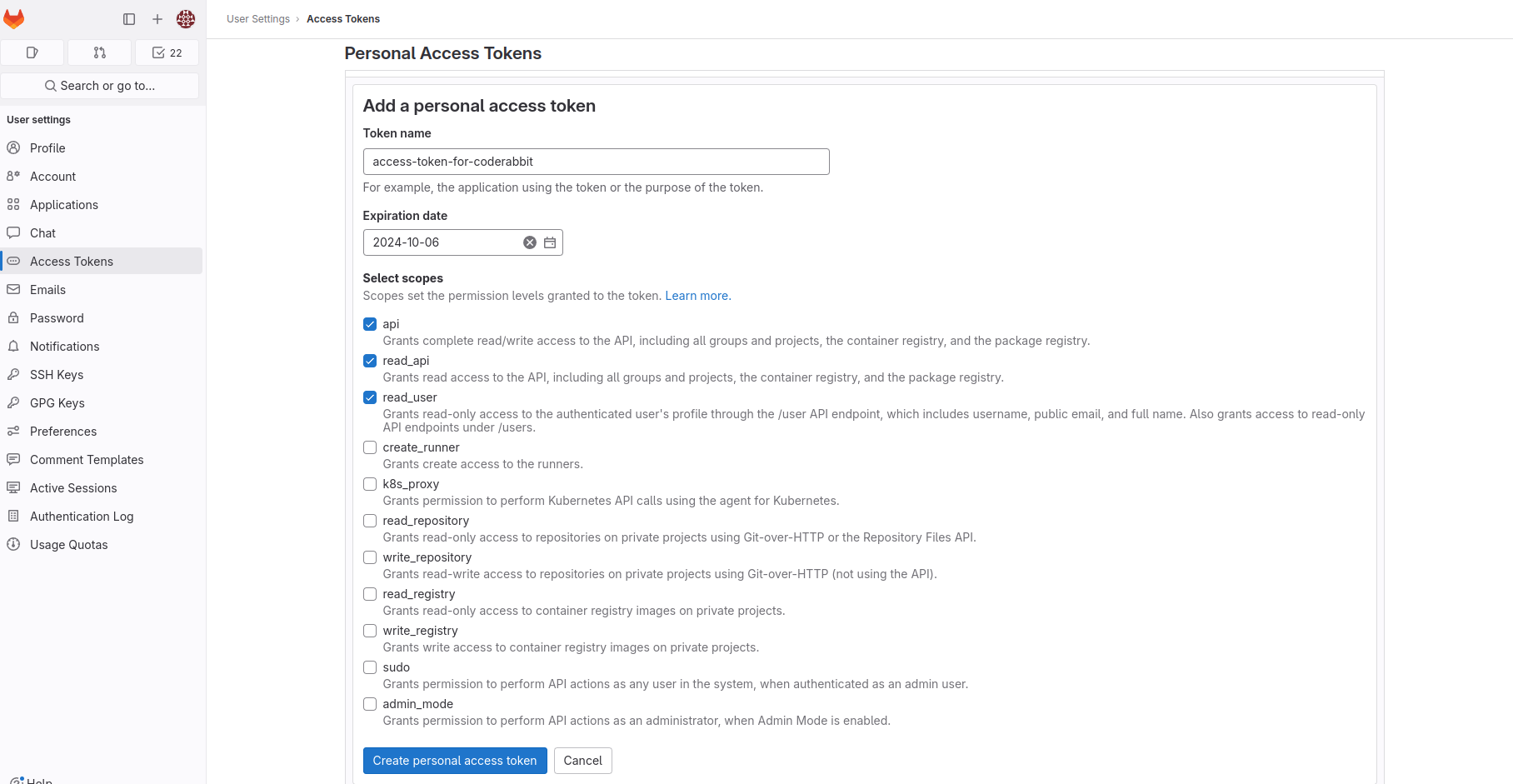 GitLab personal access token creation page showing required scopes and settings for CodeRabbit integration