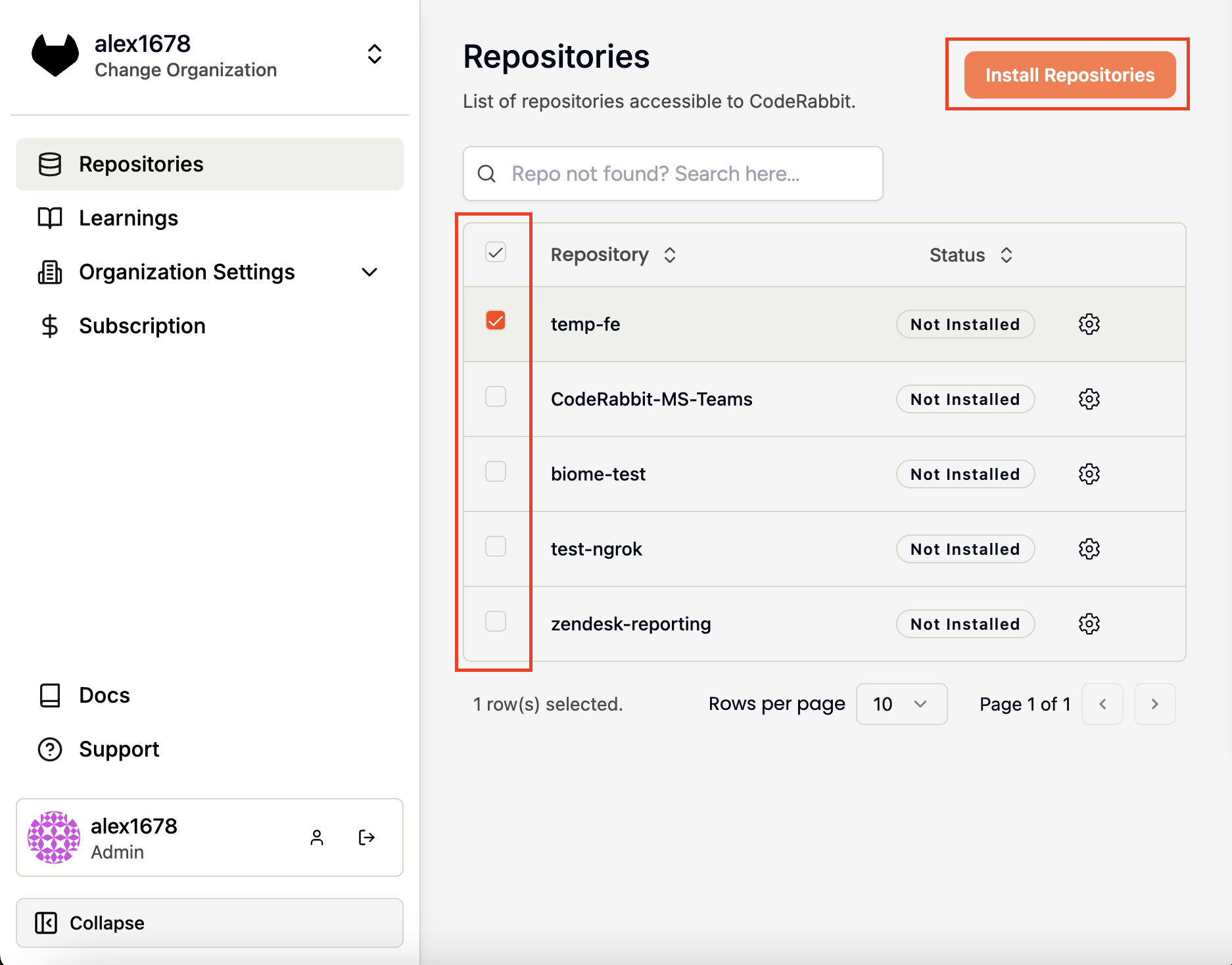 CodeRabbit repository installation modal showing GitLab repositories available for integration