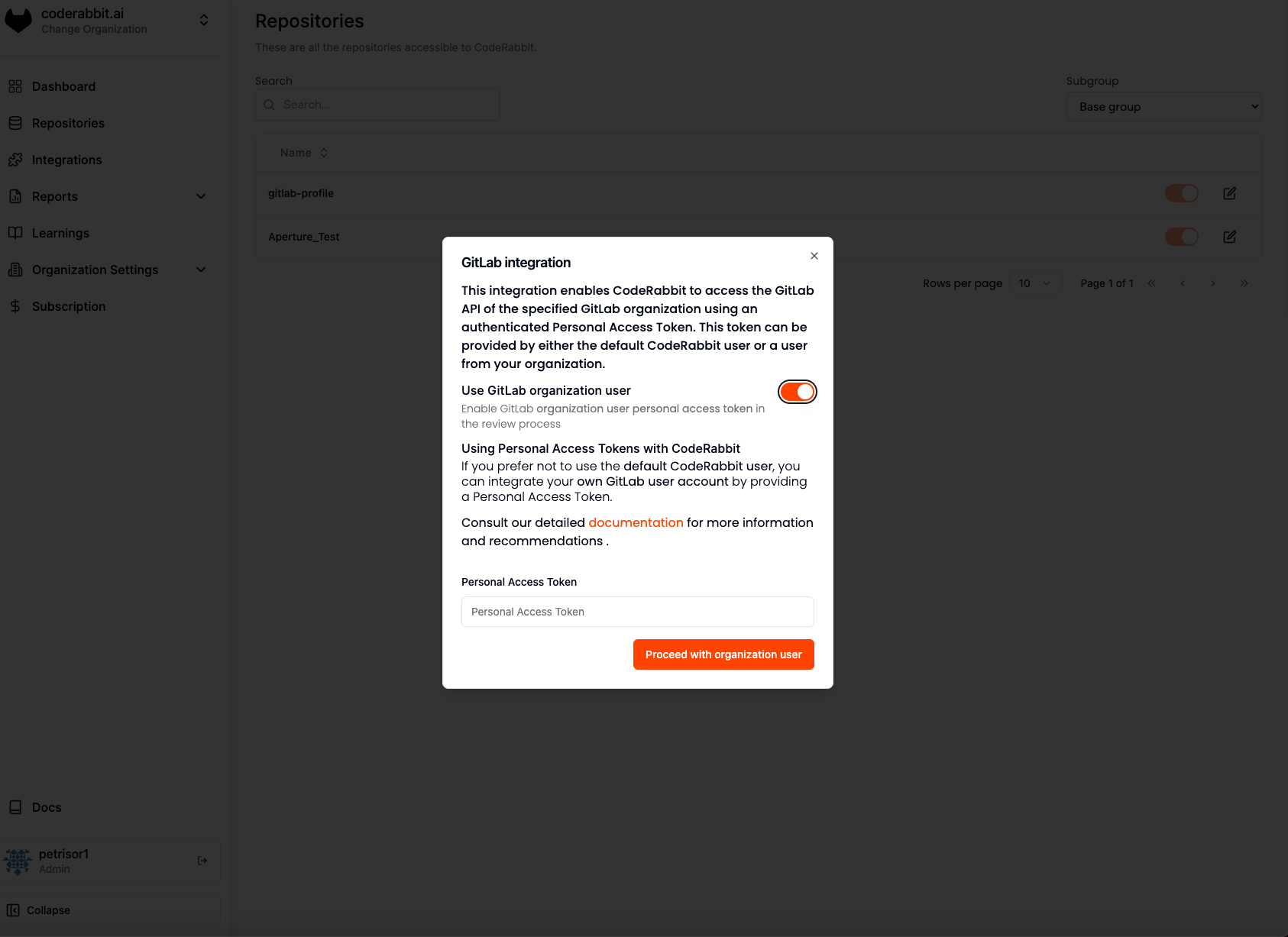 GitLab organization user selection modal for configuring CodeRabbit access