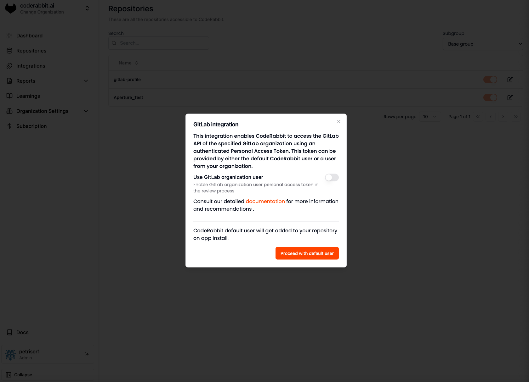 GitLab user modal showing options to add a personal access token for CodeRabbit integration