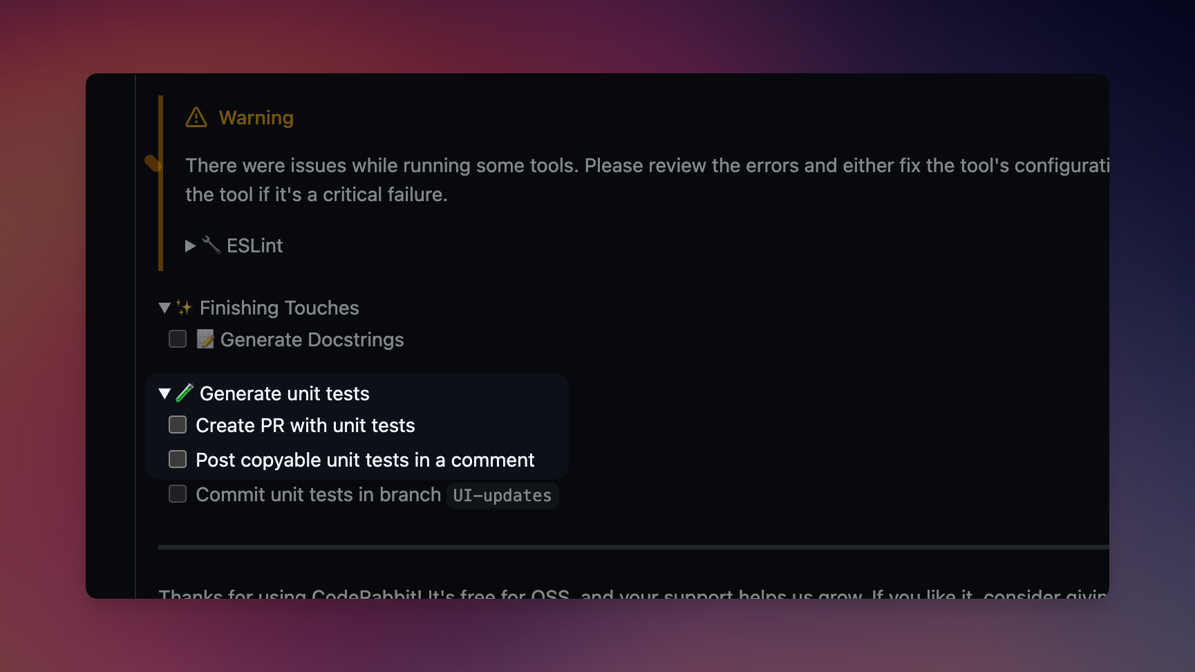 unit tests in beta - UI in a PR
