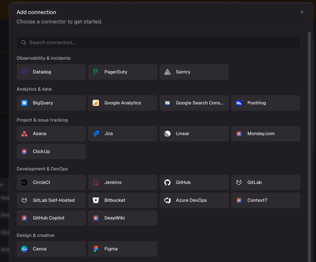 The connector catalog, grouped by category such as Observability & incidents, Analytics & data, and Project & issue tracking
