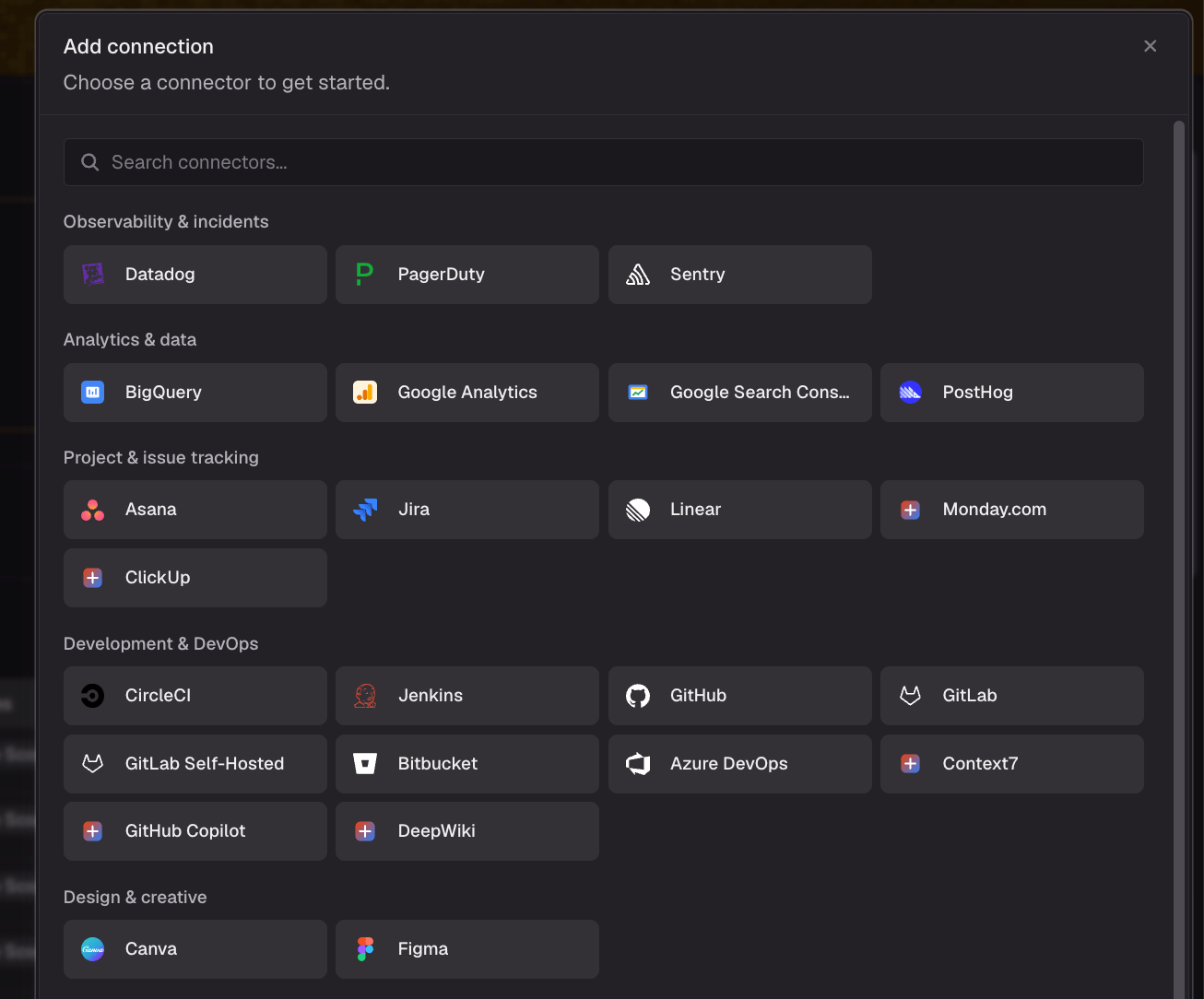 The connector catalog, grouped by category such as Observability & incidents, Analytics & data, and Project & issue tracking
