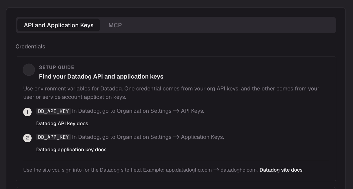 Connection method selection for Datadog, showing the API and Application Keys tab with a setup guide for finding the required credentials