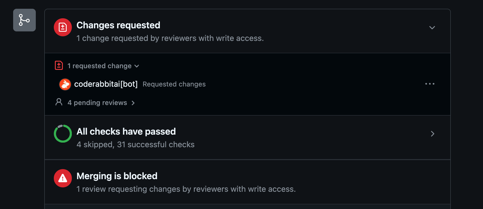 GitHub pull request merge box showing a changes requested review from coderabbitai[bot] and merging blocked