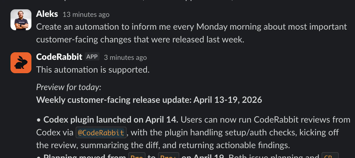Slack conversation where a user asks CodeRabbit to create a weekly Monday automation summarizing the most important customer-facing changes from the previous week, and CodeRabbit confirms and posts a preview of the weekly release update