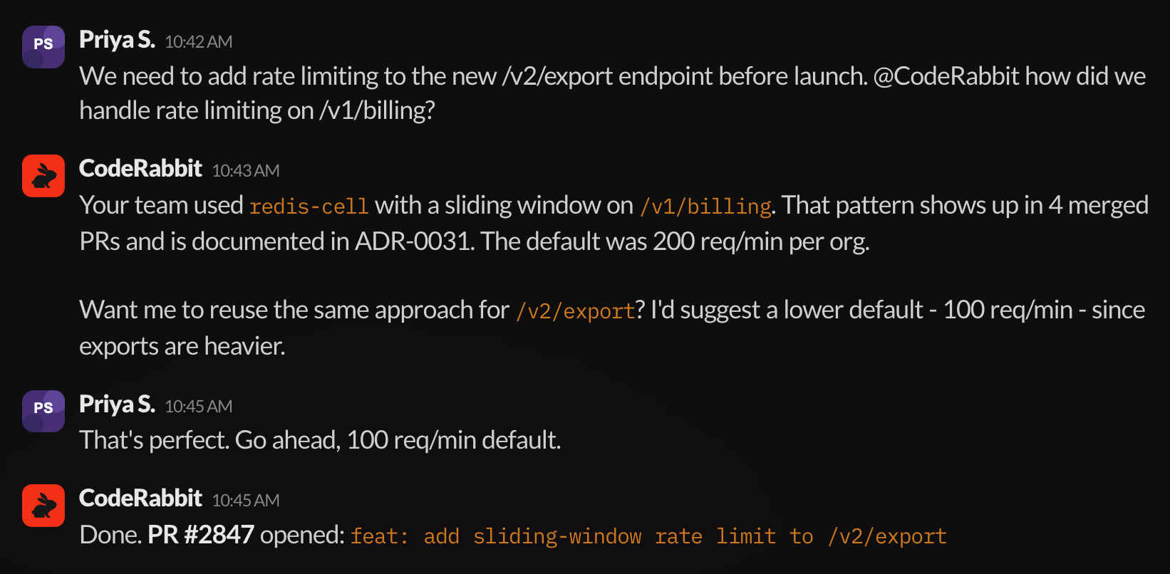 Slack conversation where a developer asks CodeRabbit how rate limiting was handled on an existing endpoint, CodeRabbit finds the pattern across merged PRs and ADRs, recommends a lower default for the new endpoint, and opens a pull request after approval