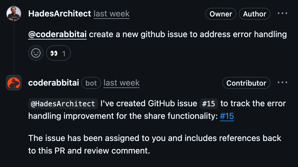 Creating an issue through CodeRabbit's agentic chat interface