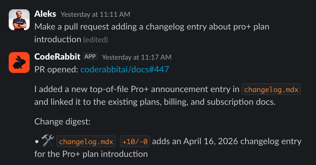 Slack conversation where a user asks CodeRabbit to open a pull request and CodeRabbit responds with a PR link and change digest