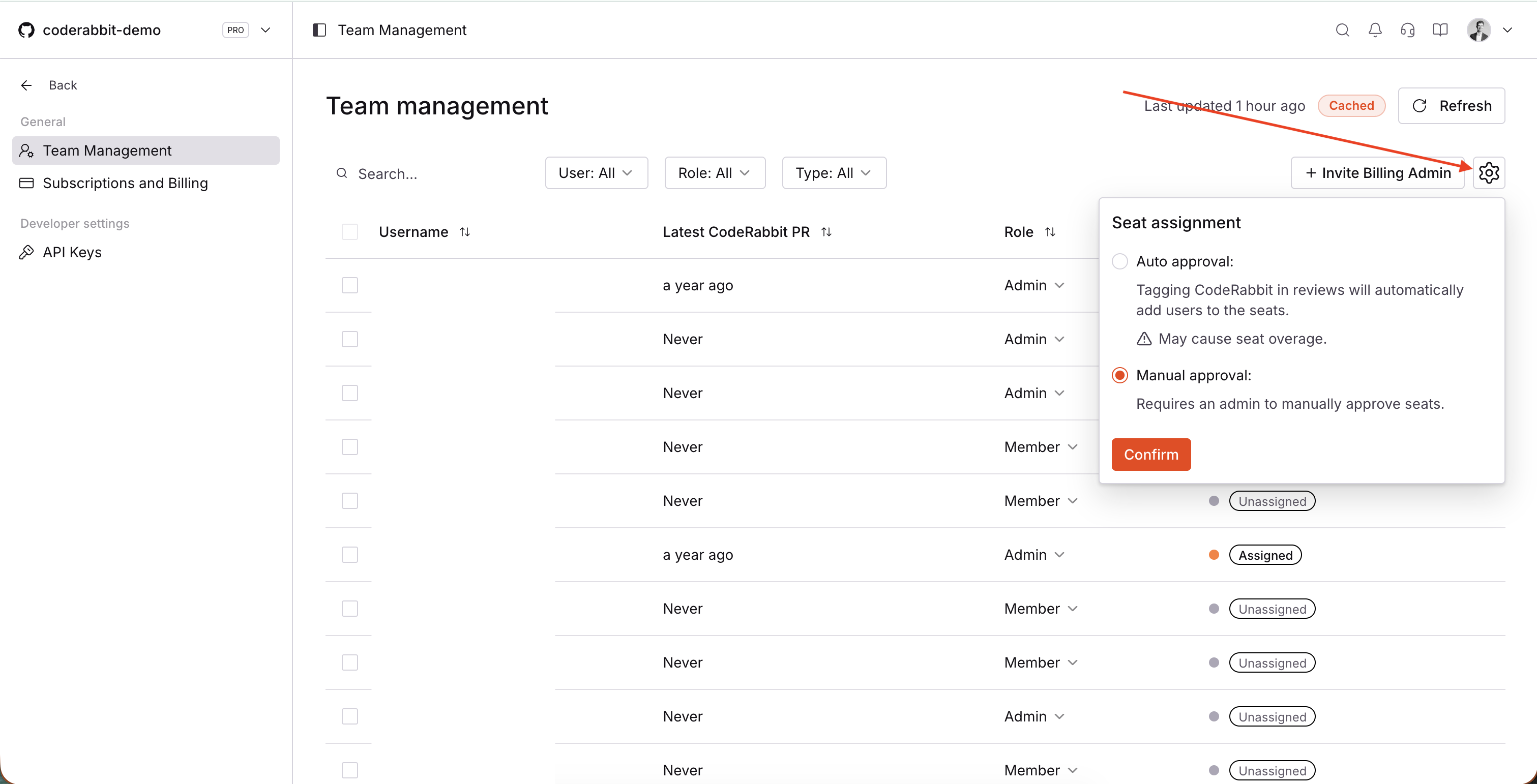 Seat assignment settings showing auto-approval and manual approval options