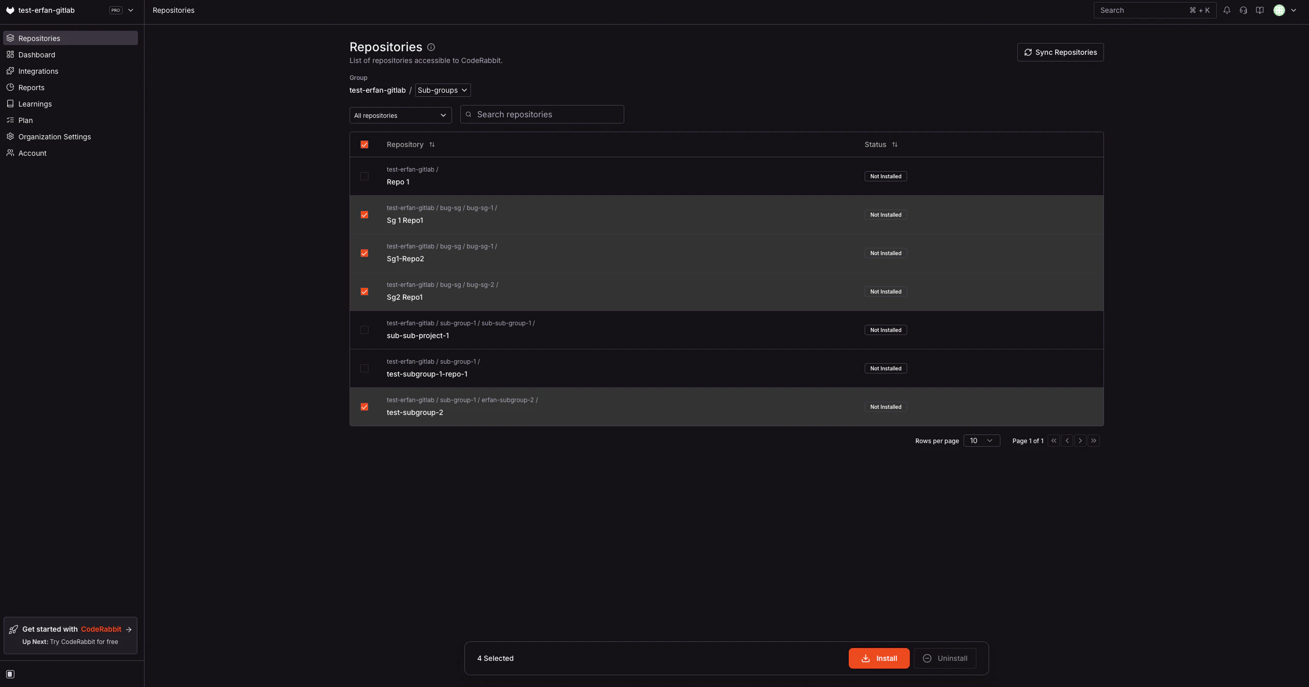 CodeRabbit Repositories page showing selectable GitLab projects and unavailable projects based on user permissions
