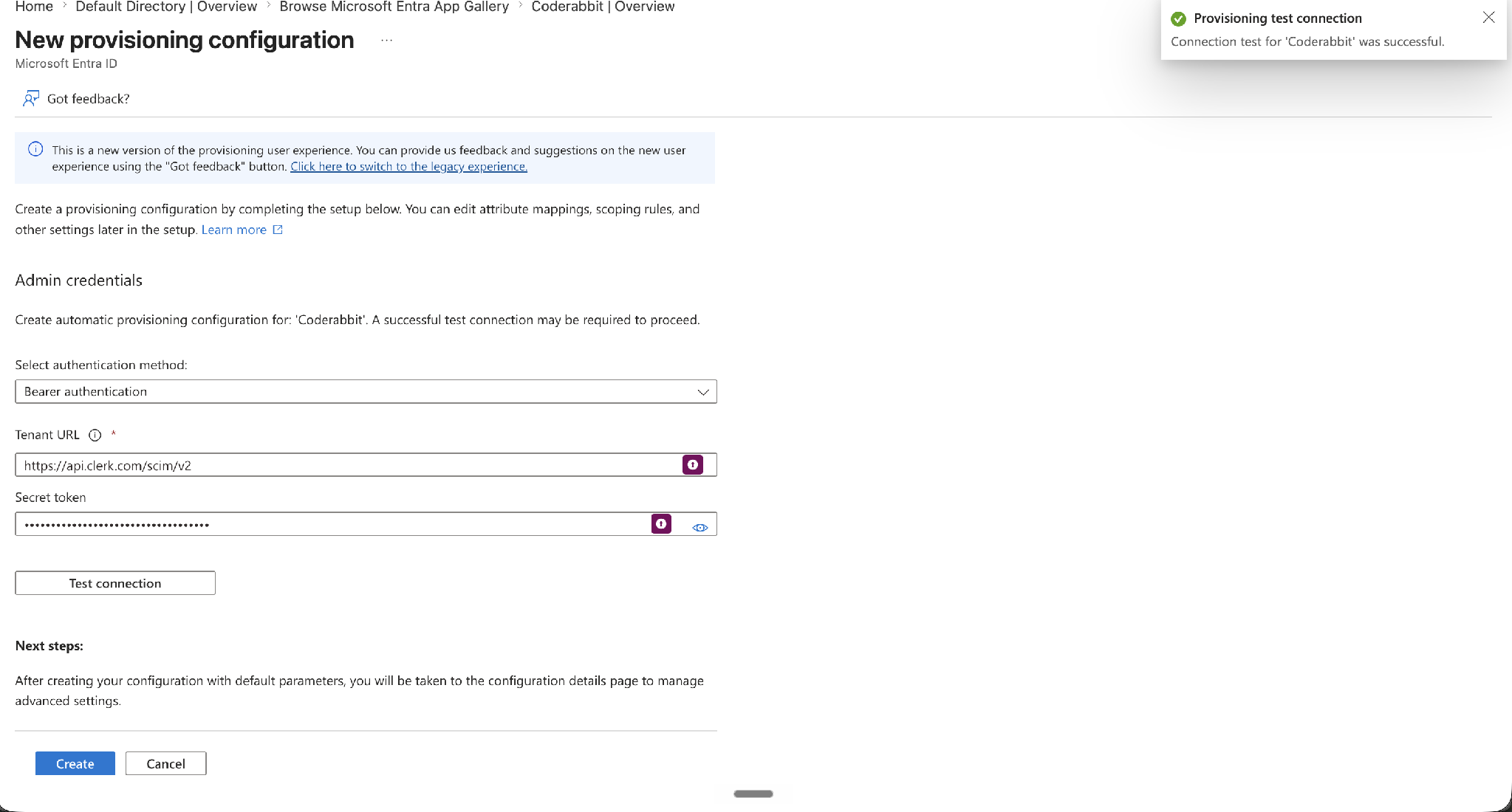 Microsoft Entra provisioning configuration with bearer authentication, Tenant URL, Secret Token, and a successful connection test