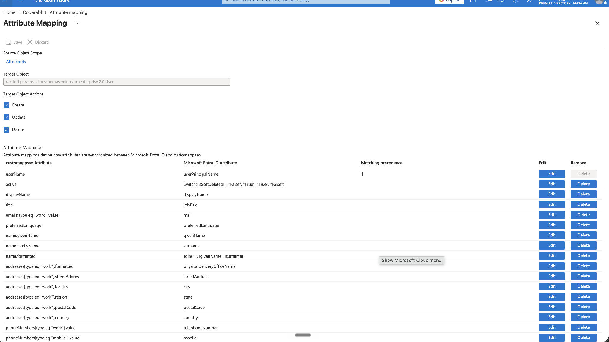 Microsoft Entra user attribute mapping page with Create, Update, and Delete enabled and the work-email mapping visible