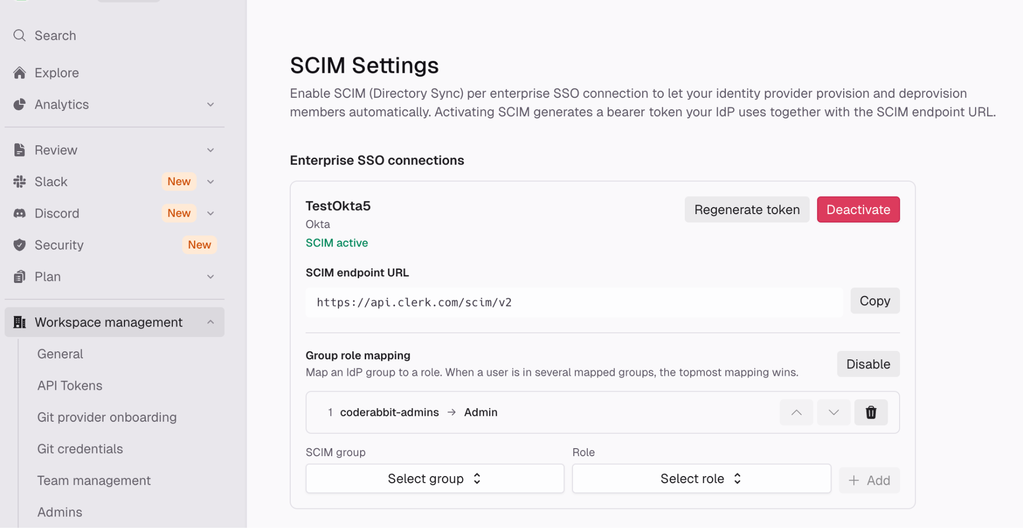 CodeRabbit SCIM Settings showing a synchronized group mapped to the Admin role