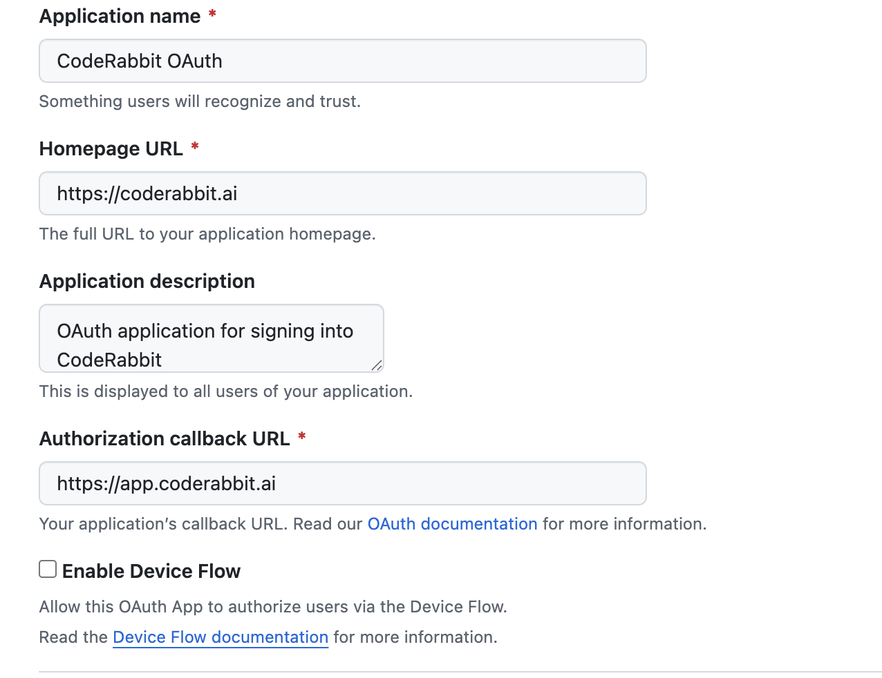 GitHub OAuth application settings showing https://app.coderabbit.ai as the authorization callback URL