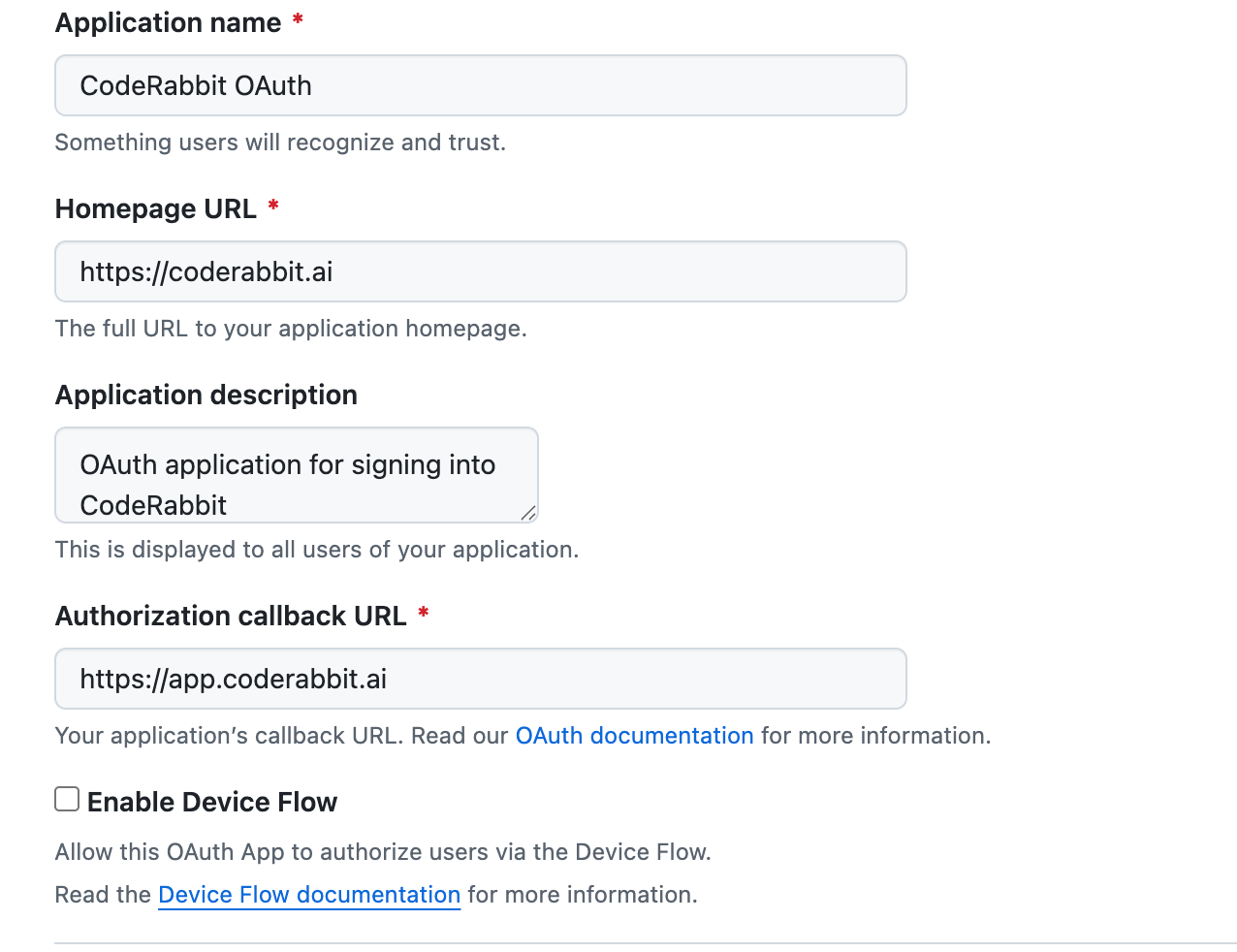 GitHub OAuth application settings showing https://app.coderabbit.ai as the authorization callback URL