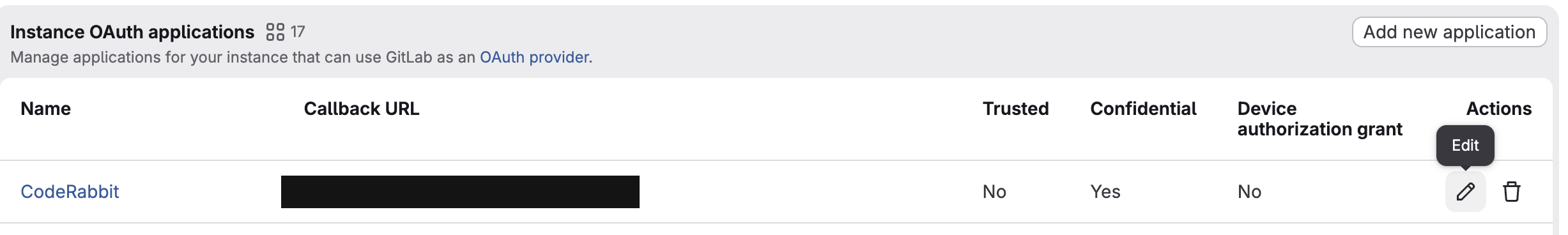 GitLab instance OAuth applications list with the edit action highlighted for the CodeRabbit application